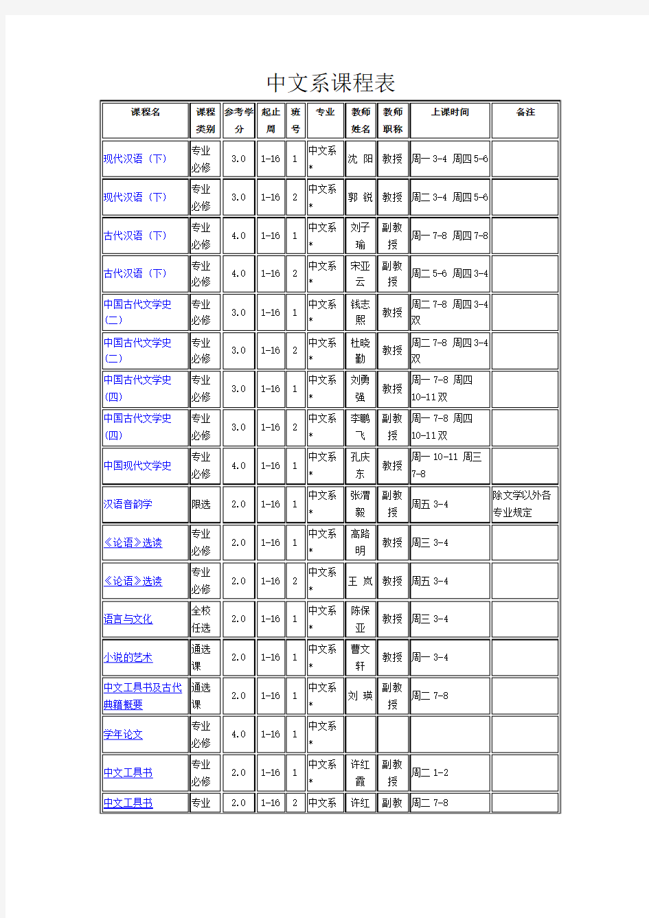 中文系课程表