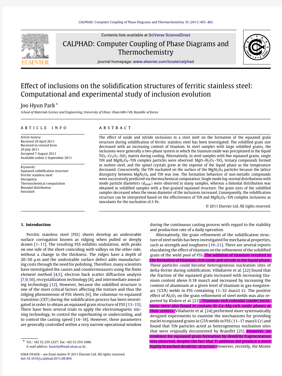 Effect of inclusions on the solidification structures of ferritic stainless steel Computational...