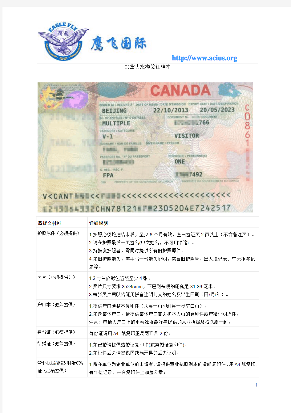 加拿大旅游签证样本