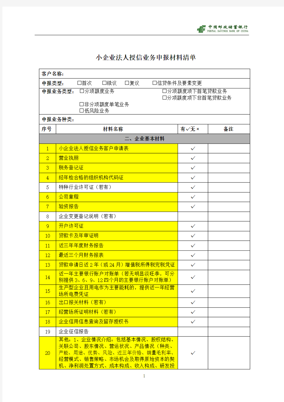 小企业业务申报材料清单(全)