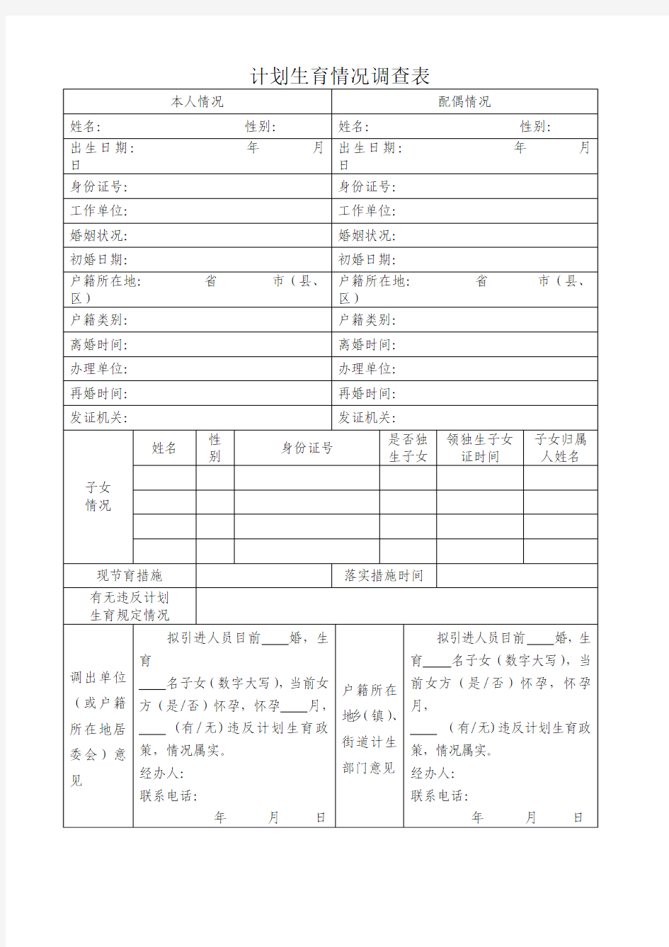 计划生育情况调查表模板