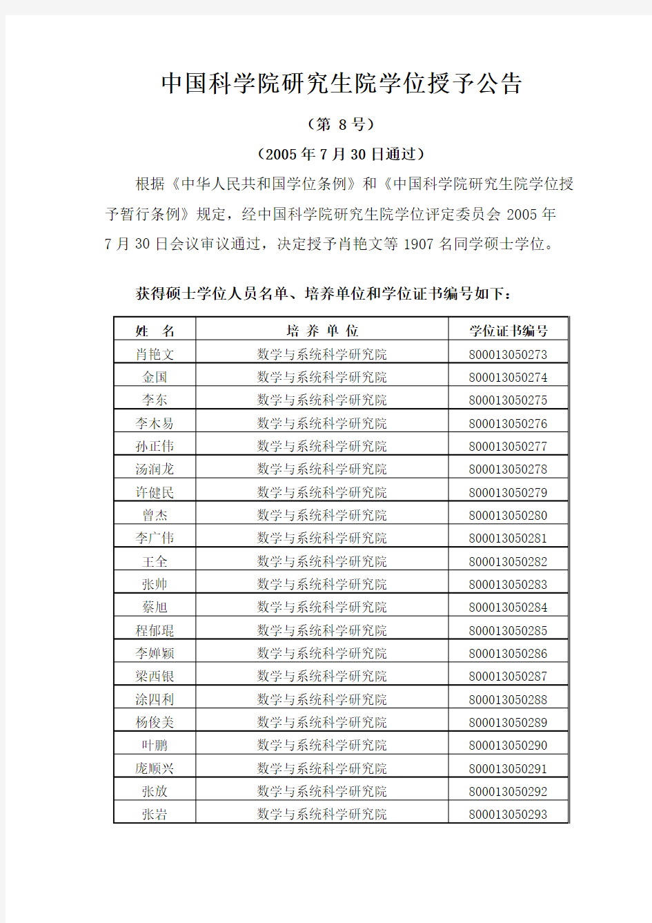 中国科学院研究生院学位授予公告