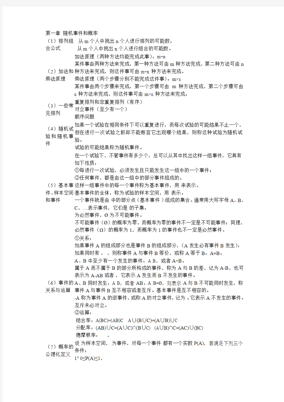 概率论与数理统计各章重点与公式