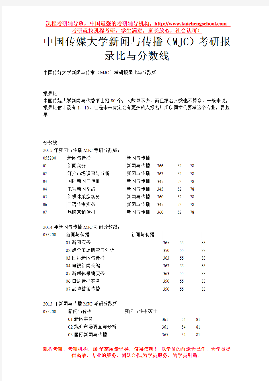 中国传媒大学新闻与传播(MJC)考研报录比与分数线