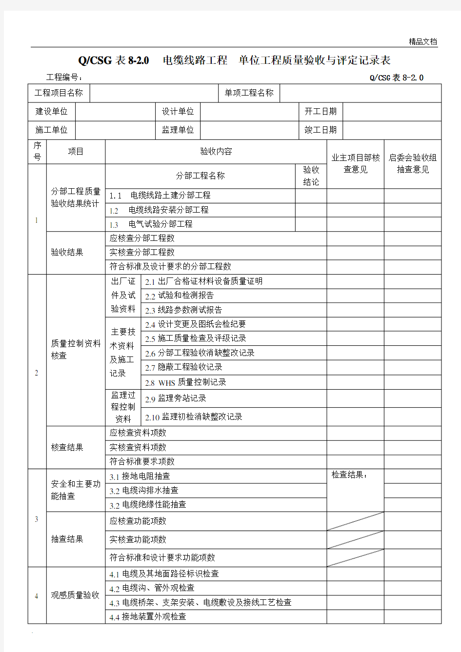 电缆线路工程单位工程质量验收与评定记录表