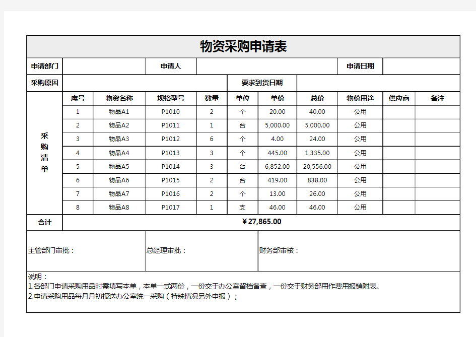 物资采购申请表EXCEL模板(推荐)