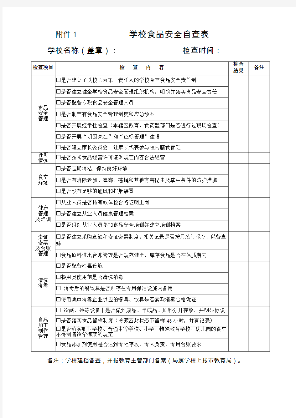 学校食品安全自查表