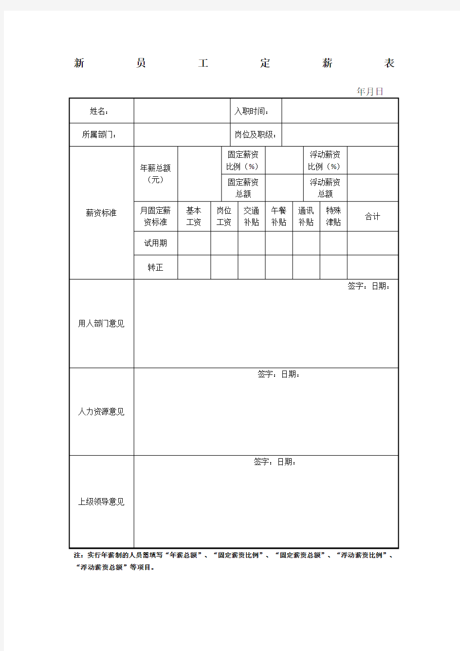 新员工定薪表模板