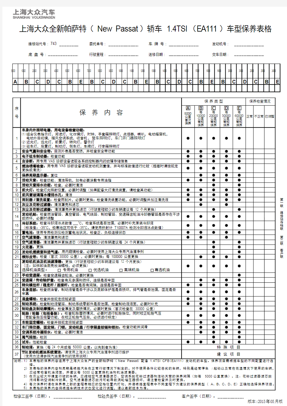 上海大众全新帕萨特(New Passat)轿车 1.4TSI(EA111)车型保养表格