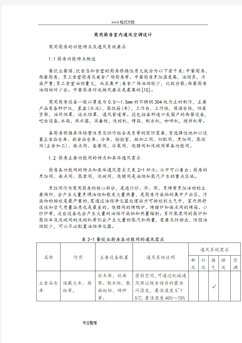 商用厨房室内通风空调设计说明书