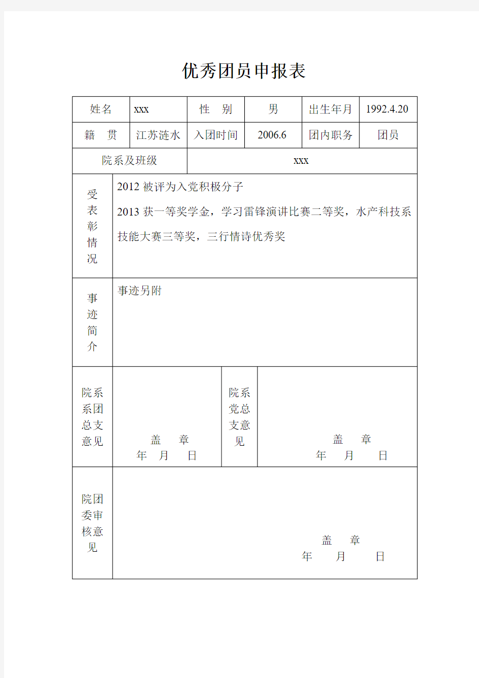 优秀团员申请表 及理由