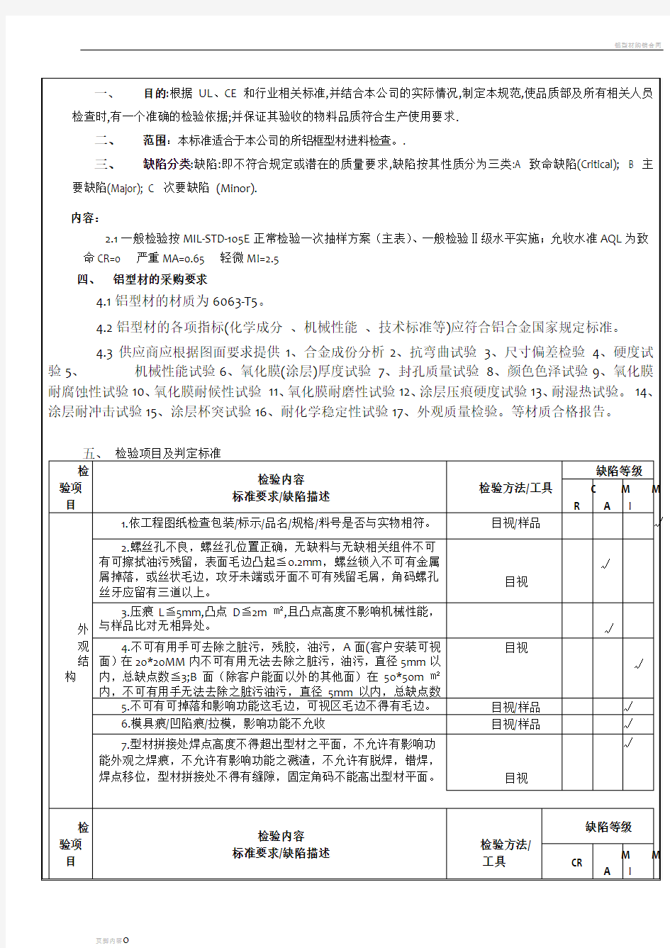 铝型材进料检验规范