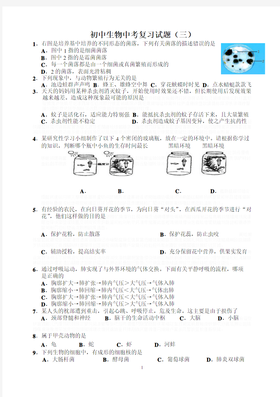 人教版初中生物中考复习试题(三)