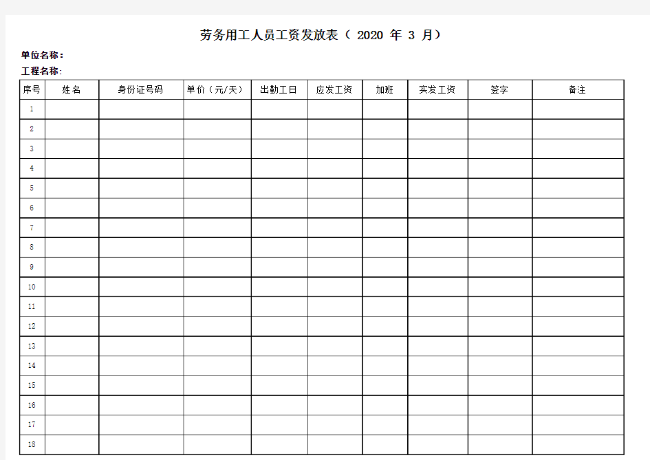 劳务用工人员工资发放表