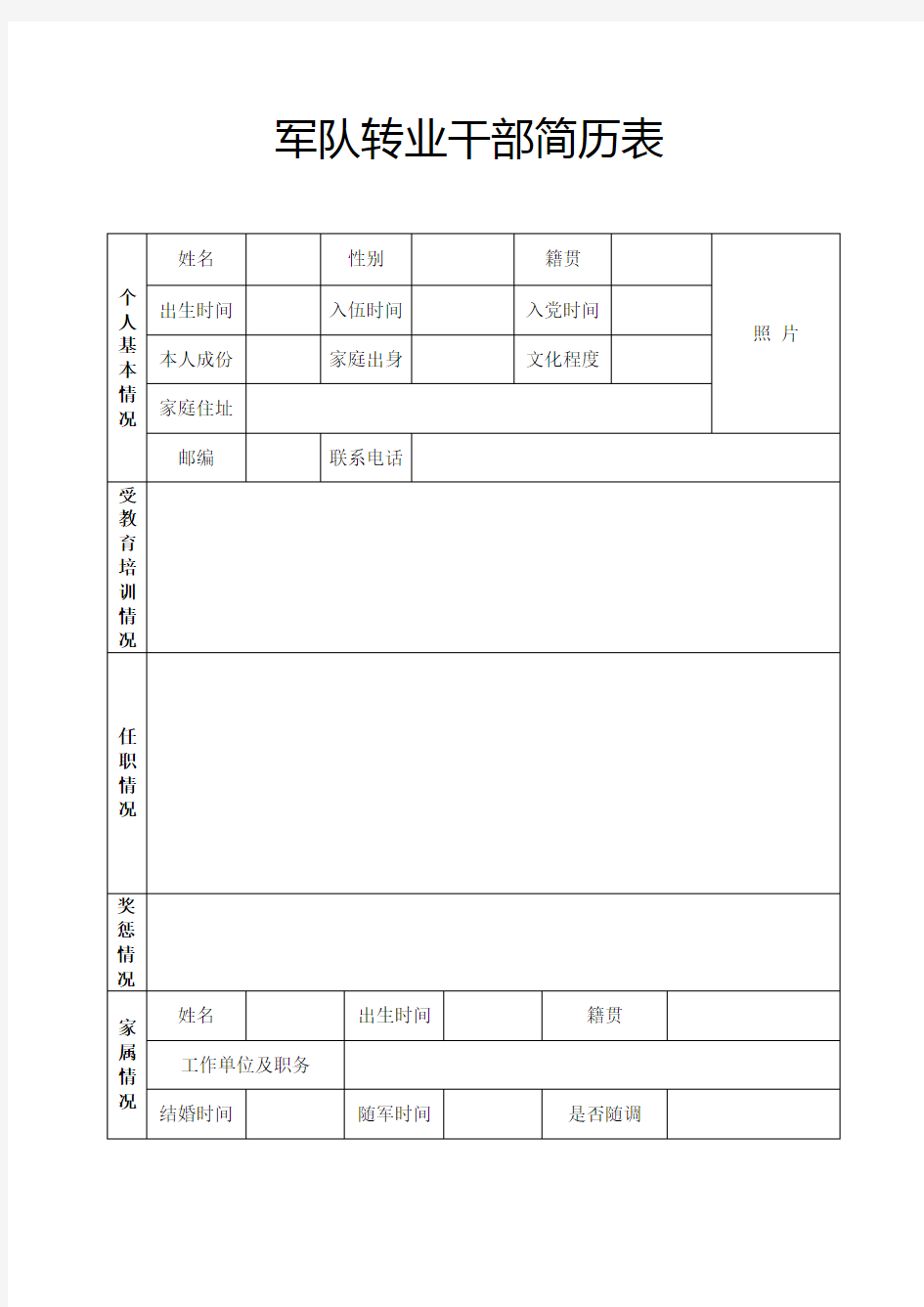 军队转业干部简历表