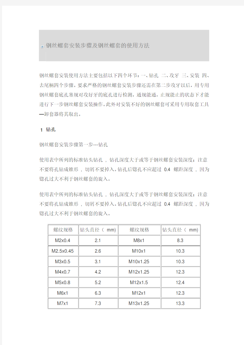 钢丝螺套安装步骤及钢丝螺套的使用方法