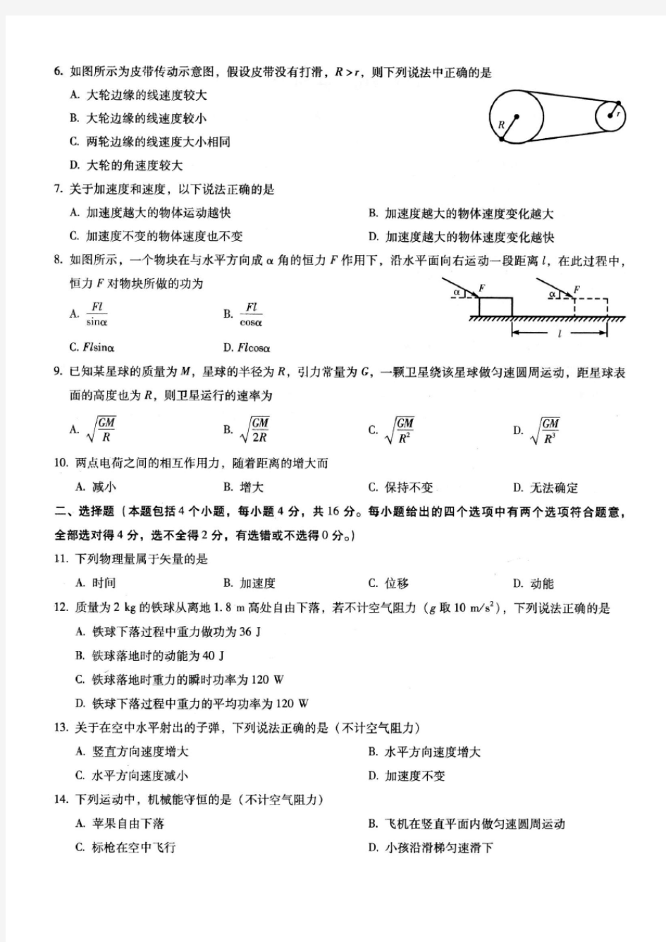 云南省2016年7月普通高中学业水平考试物理试卷(真题高清)