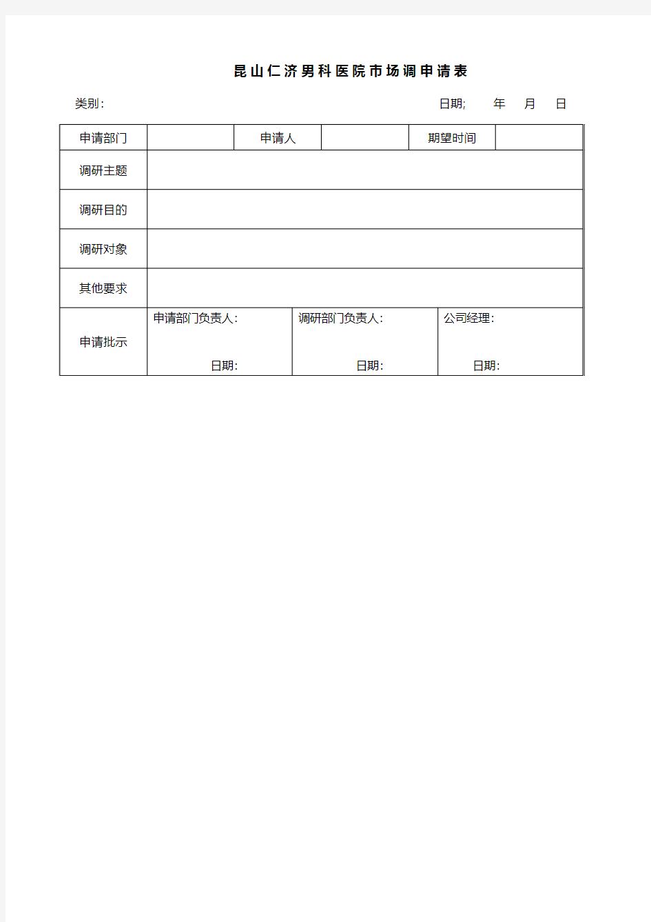 昆山仁济男科医院市场调研申请表