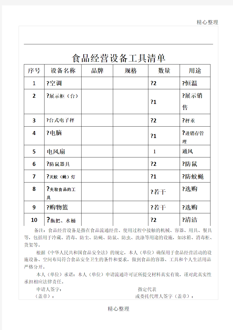 食品经营设备工具清单