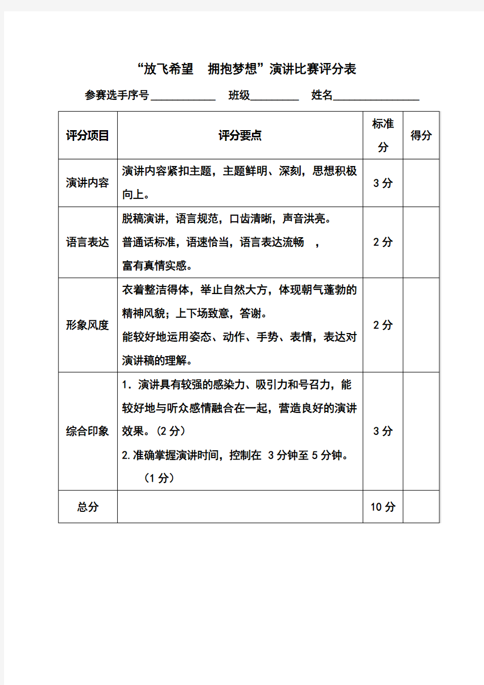 演讲比赛评分表+计分表