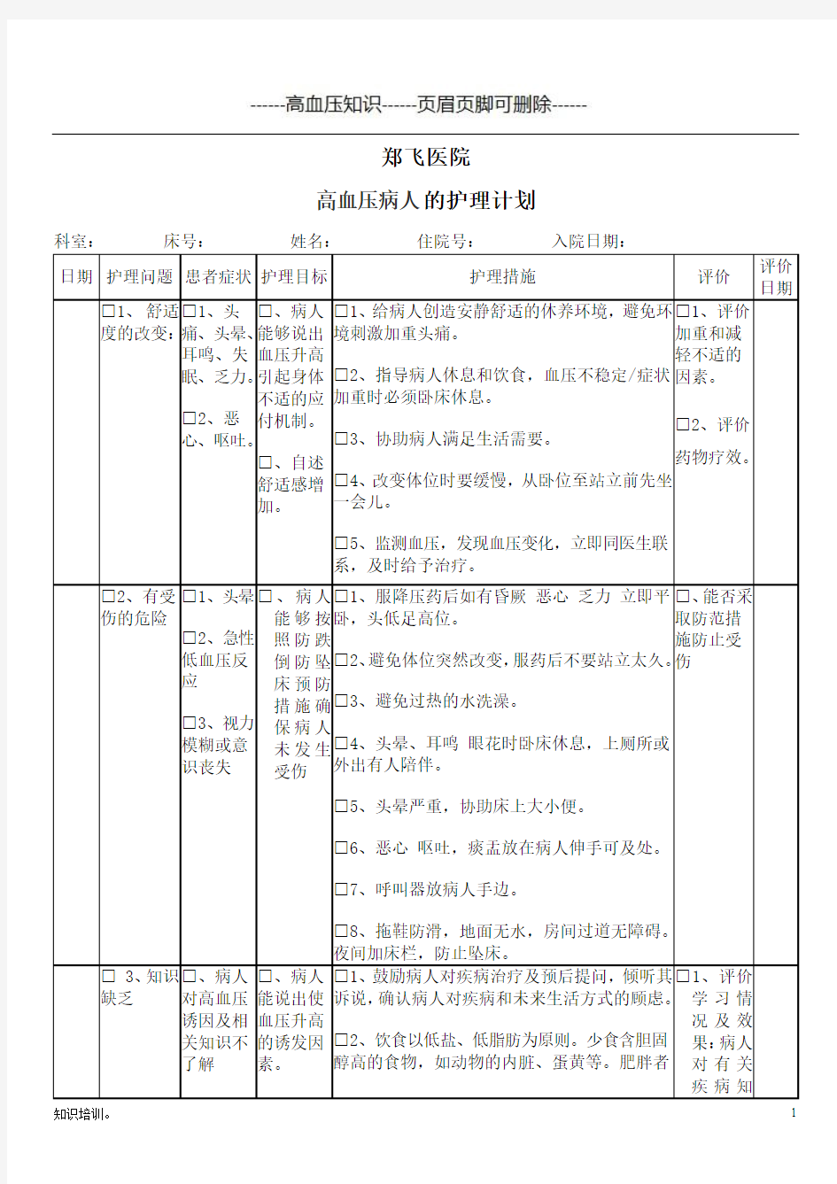 高血压护理计划单-高血压知识