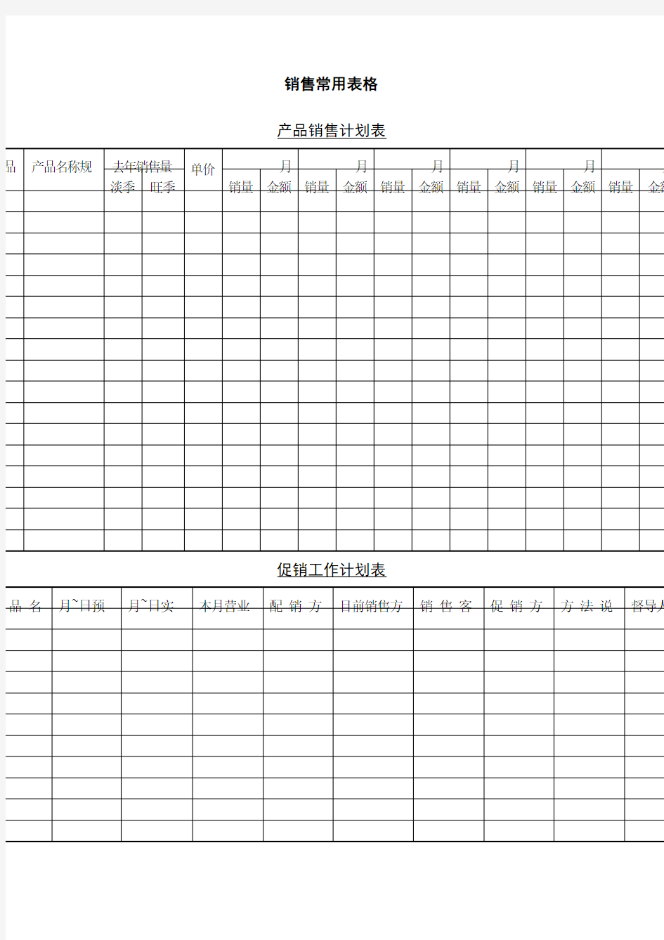 销售常用表格