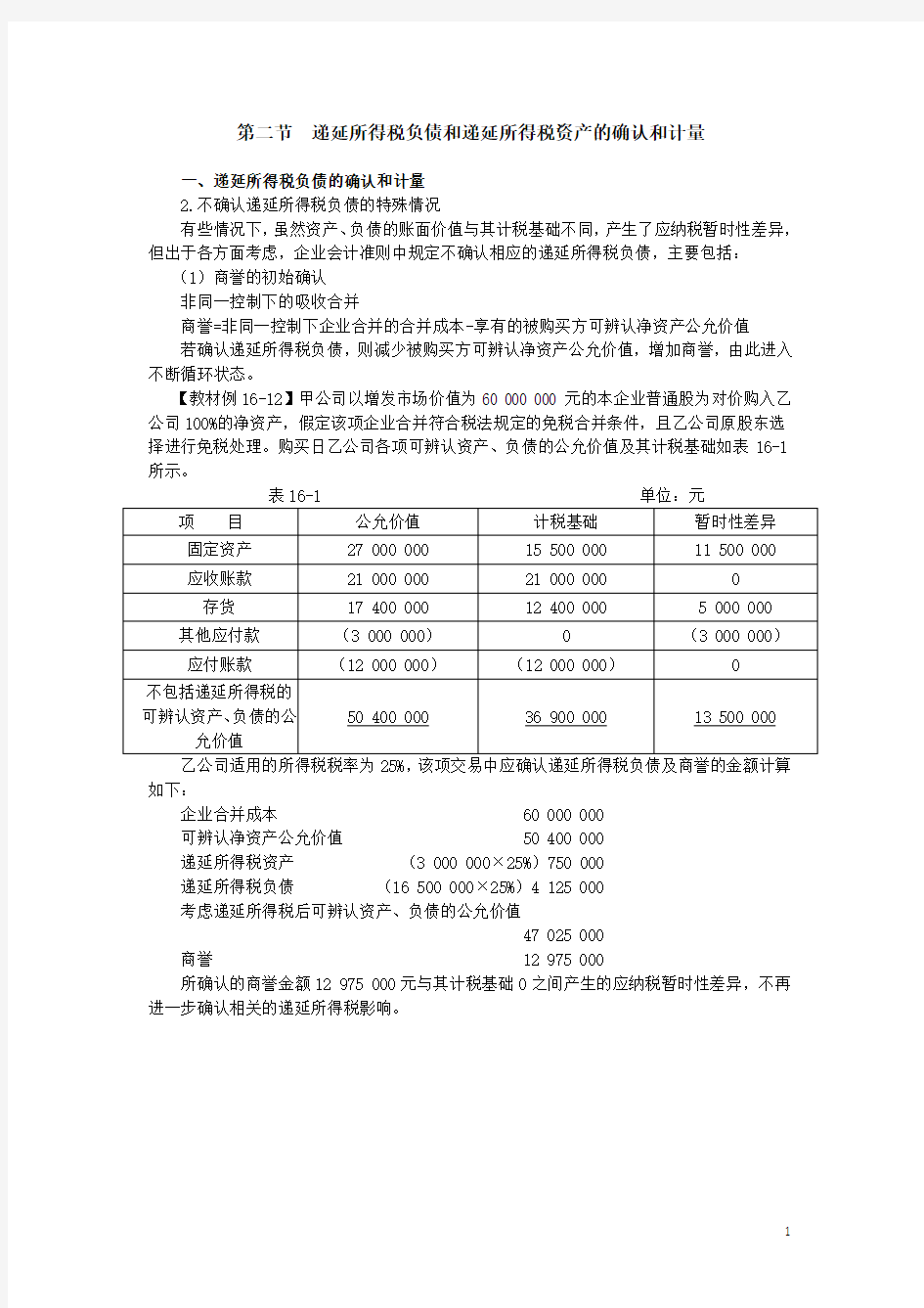 递延所得税负债和递延所得税资产的确认和计量内容