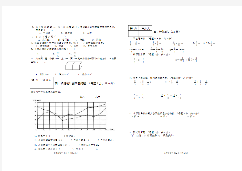 2015至2016学年五年级数学学业水平测试