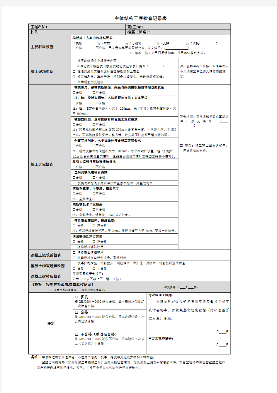 主体结构工程工序检查表