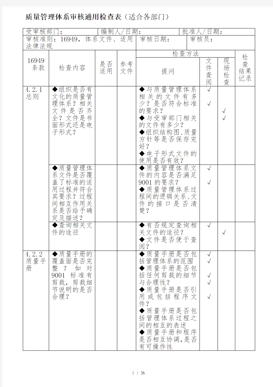 内审检查表全套