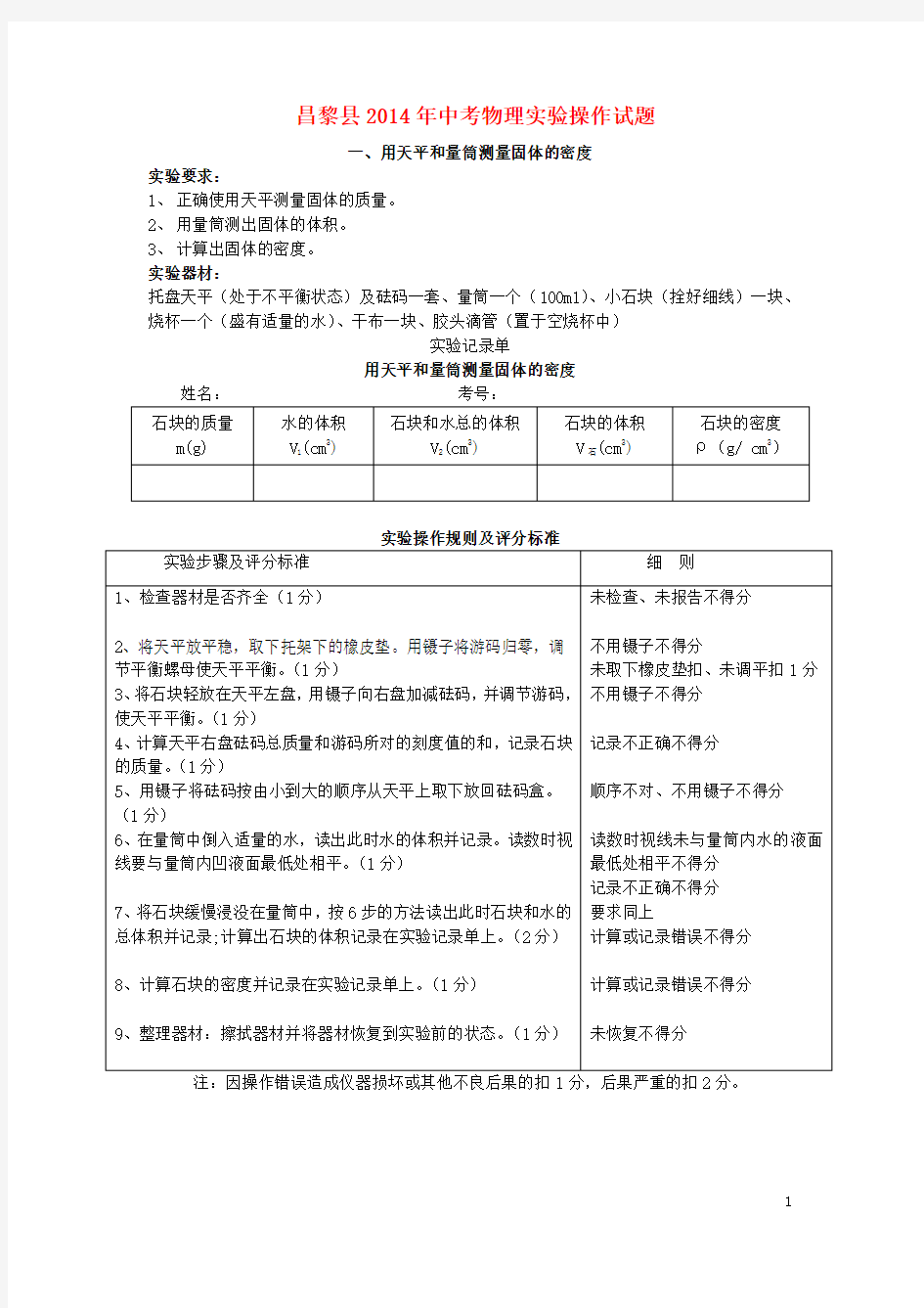 中考物理实验操作考试题(1)