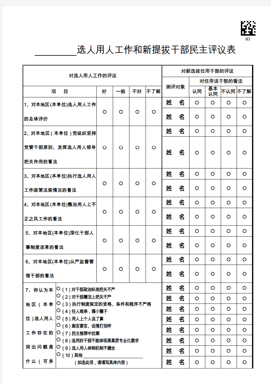 选人用人工作和新提拔干部民主评议表