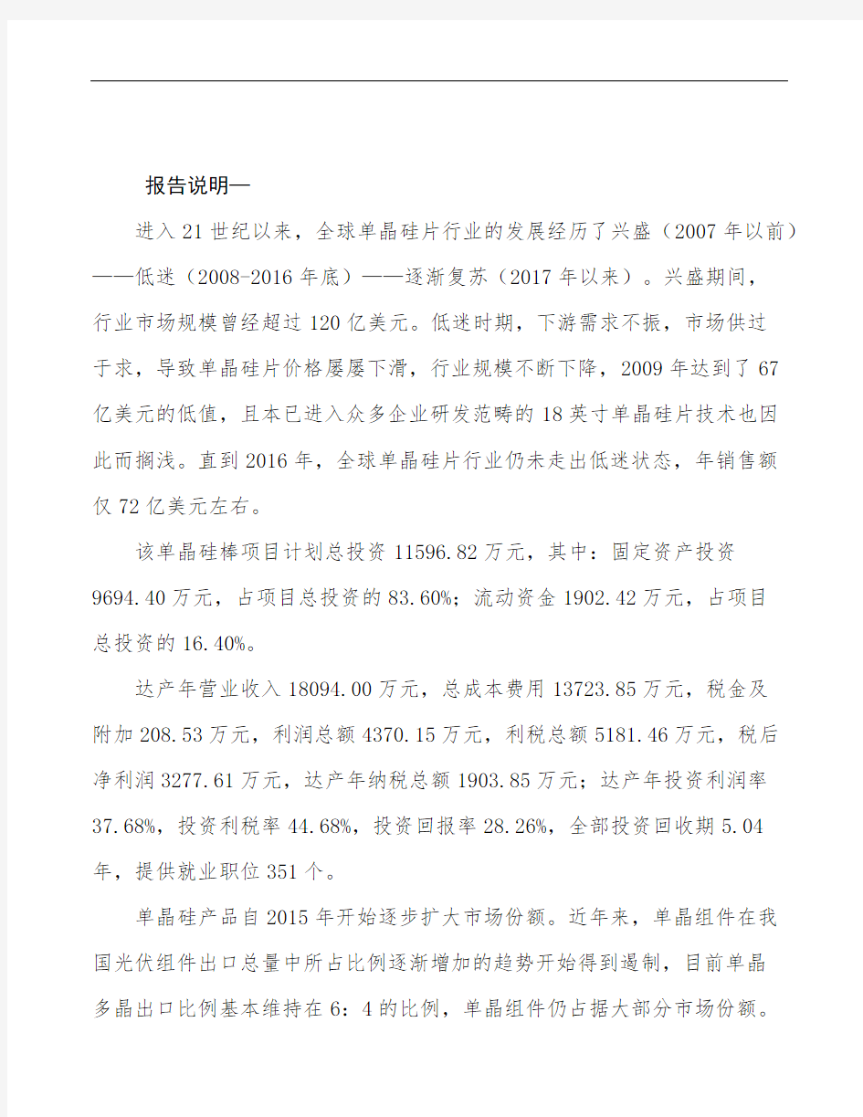 北京单晶硅项目投资分析报告