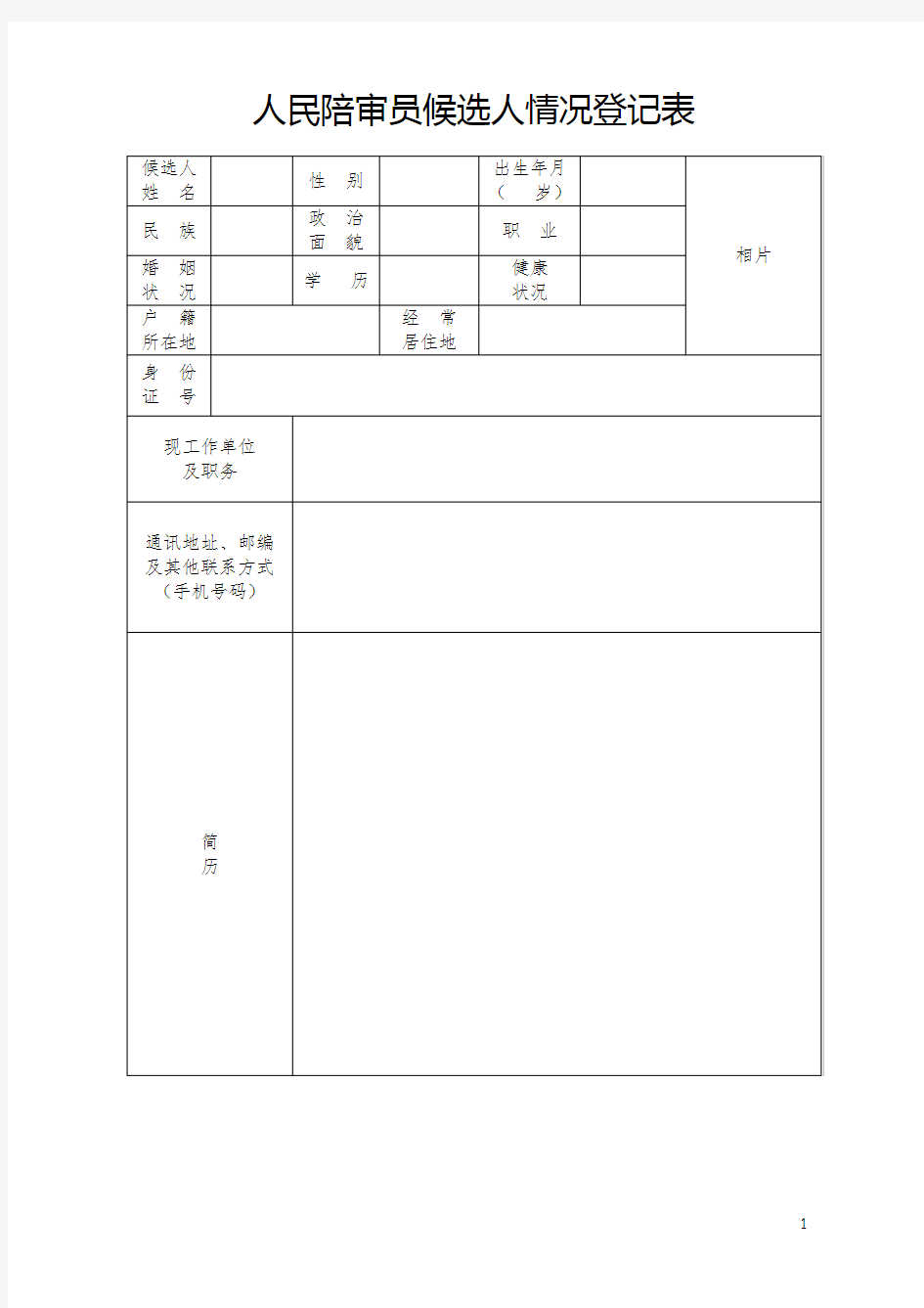 人民陪审员候选人情况登记表【模板】