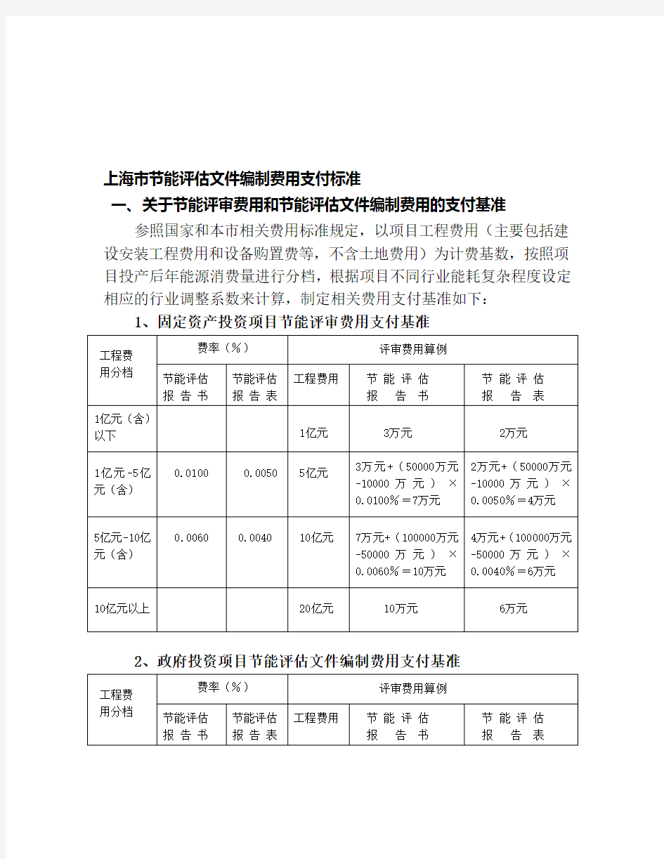 上海市节能评审和节能评估文件编制费用收费标准