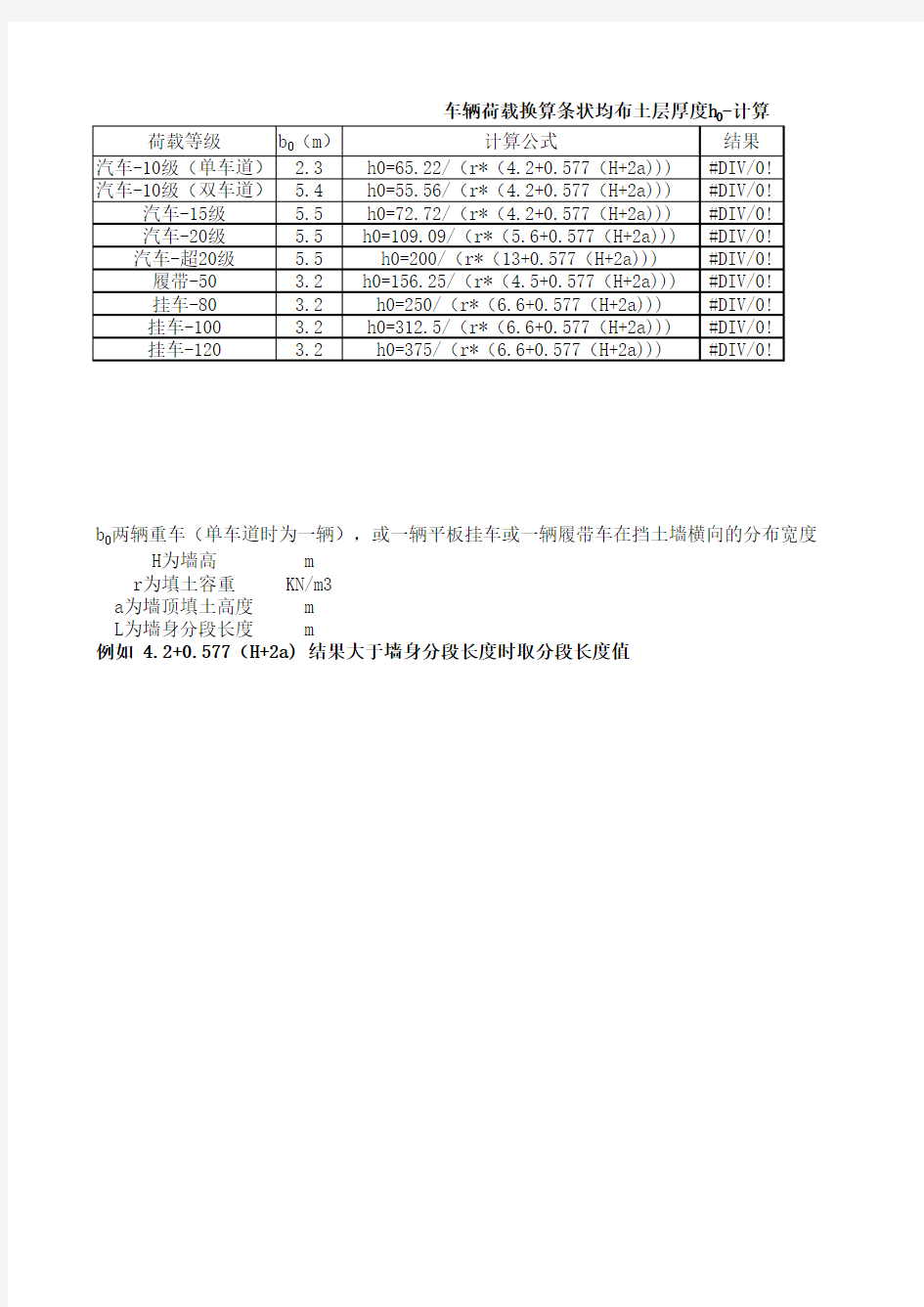 车辆荷载换算条状均布土层厚度h0-计算