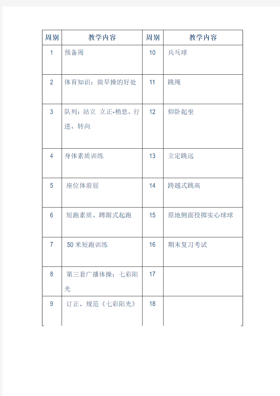 -三年级下册体育教学进度表