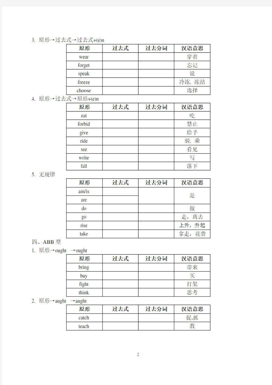 中考不规则动词的过去式和过去分词测试题