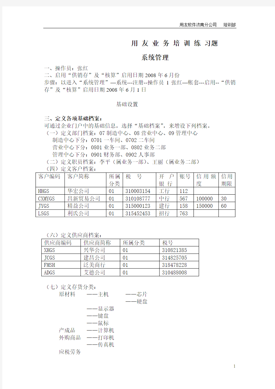 用友 购销存 进销存 模板练习手册 练习题