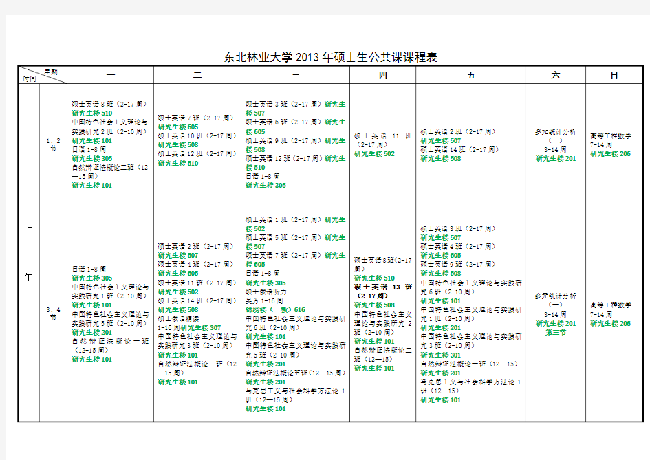 东北林业大学2013级硕士公共课课程表