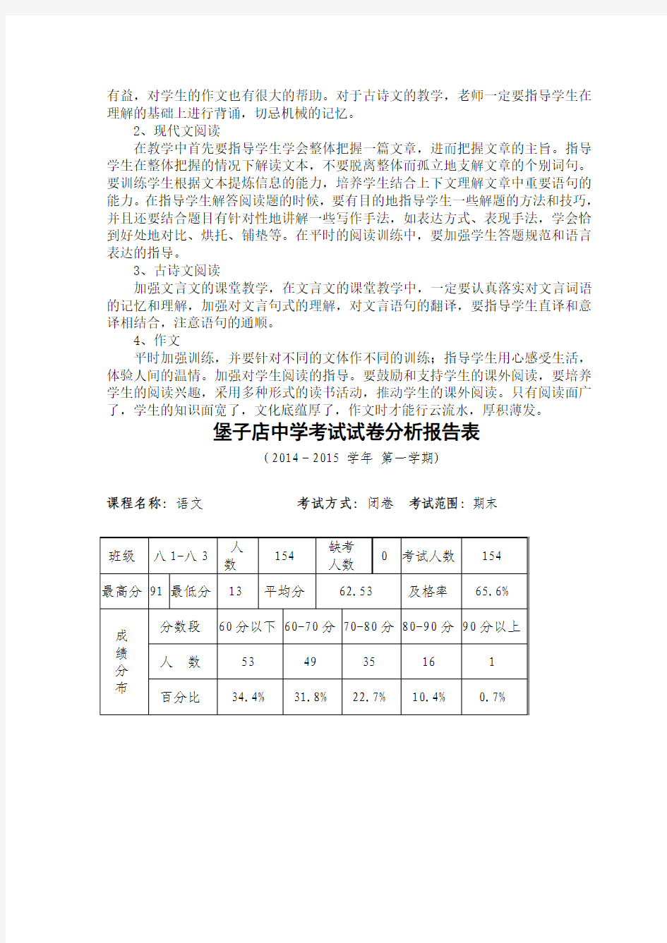 2014-2015年度八年级第一学期语文期末考试分析卞晓楠乌平