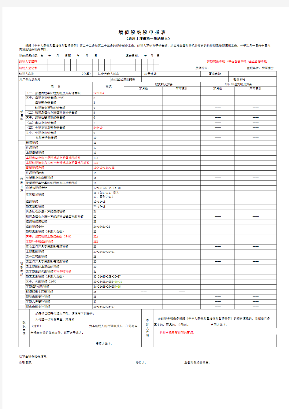 一般纳税人申报表及附表