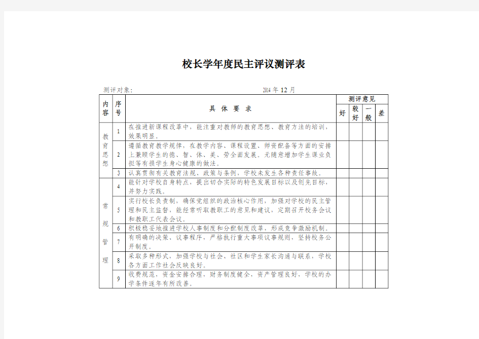 民主评议测评表