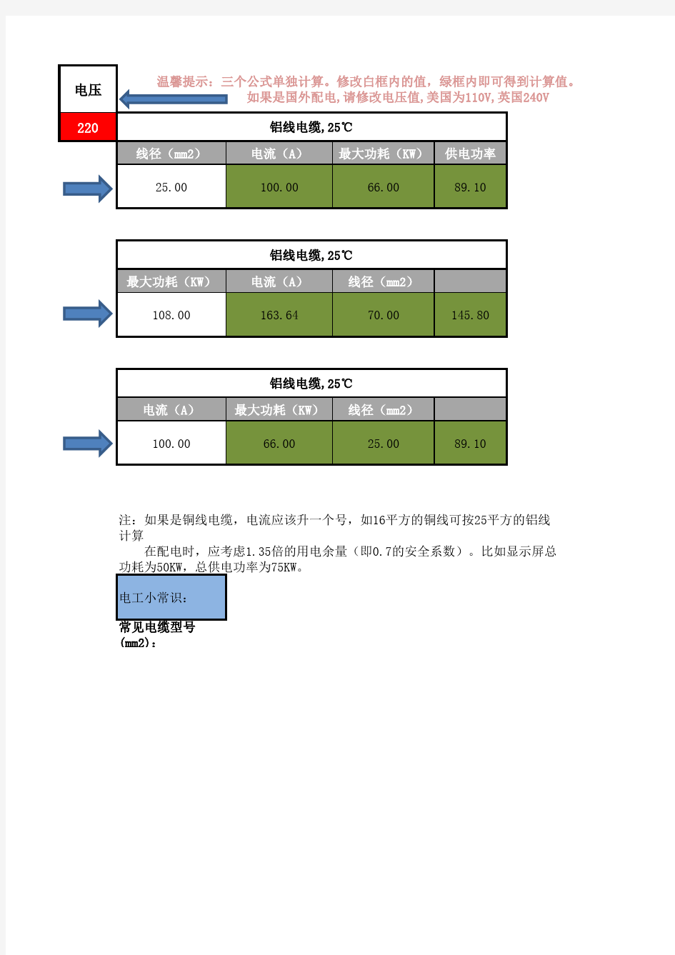 线径电流计算公式