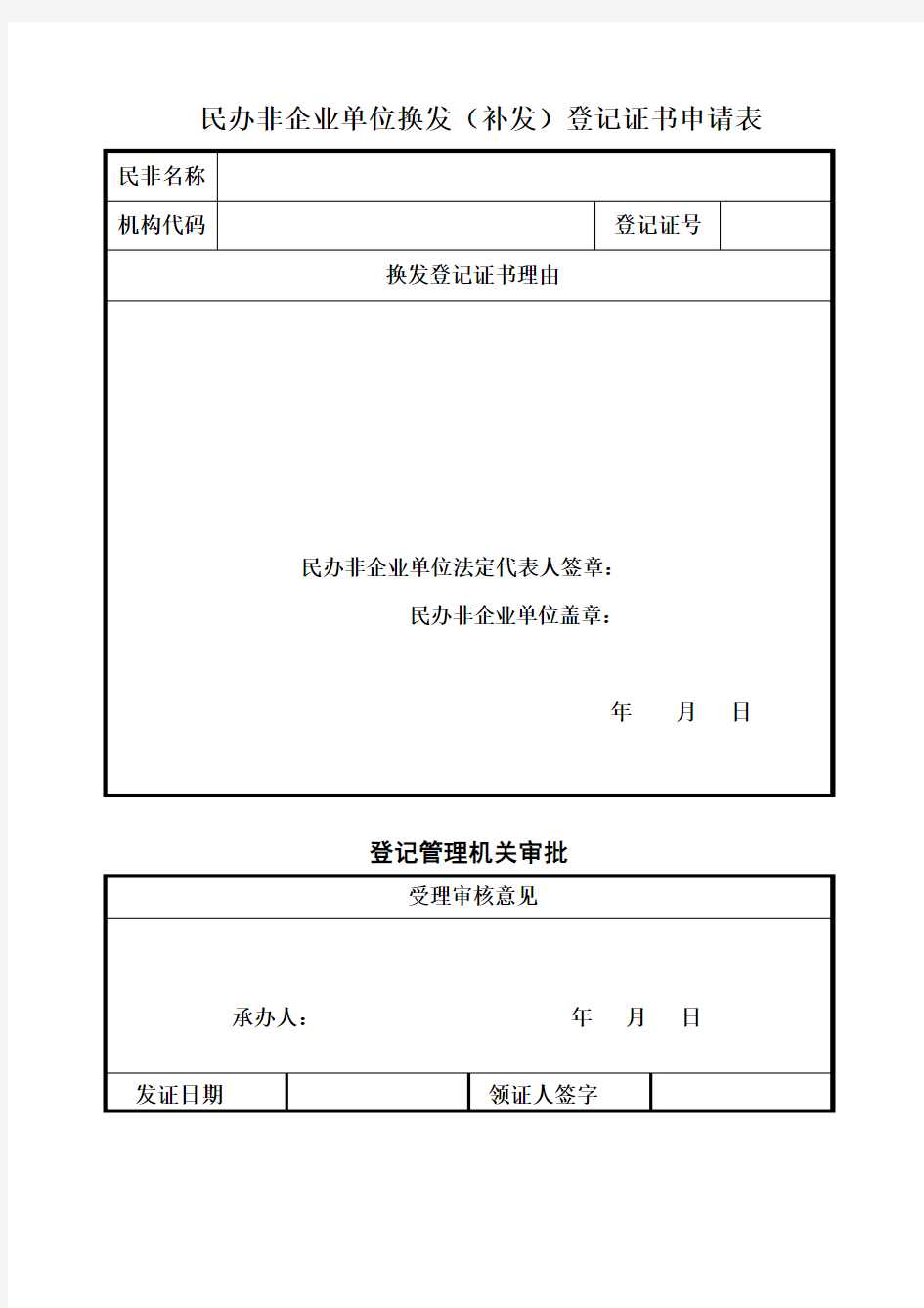 民办非企业换证申请表