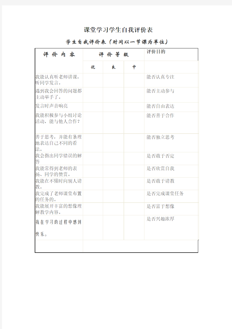 课堂学习学生自我评价表