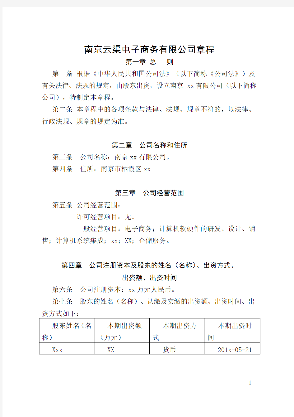 南京市栖霞区设立公司章程模板(工商官方2015版)