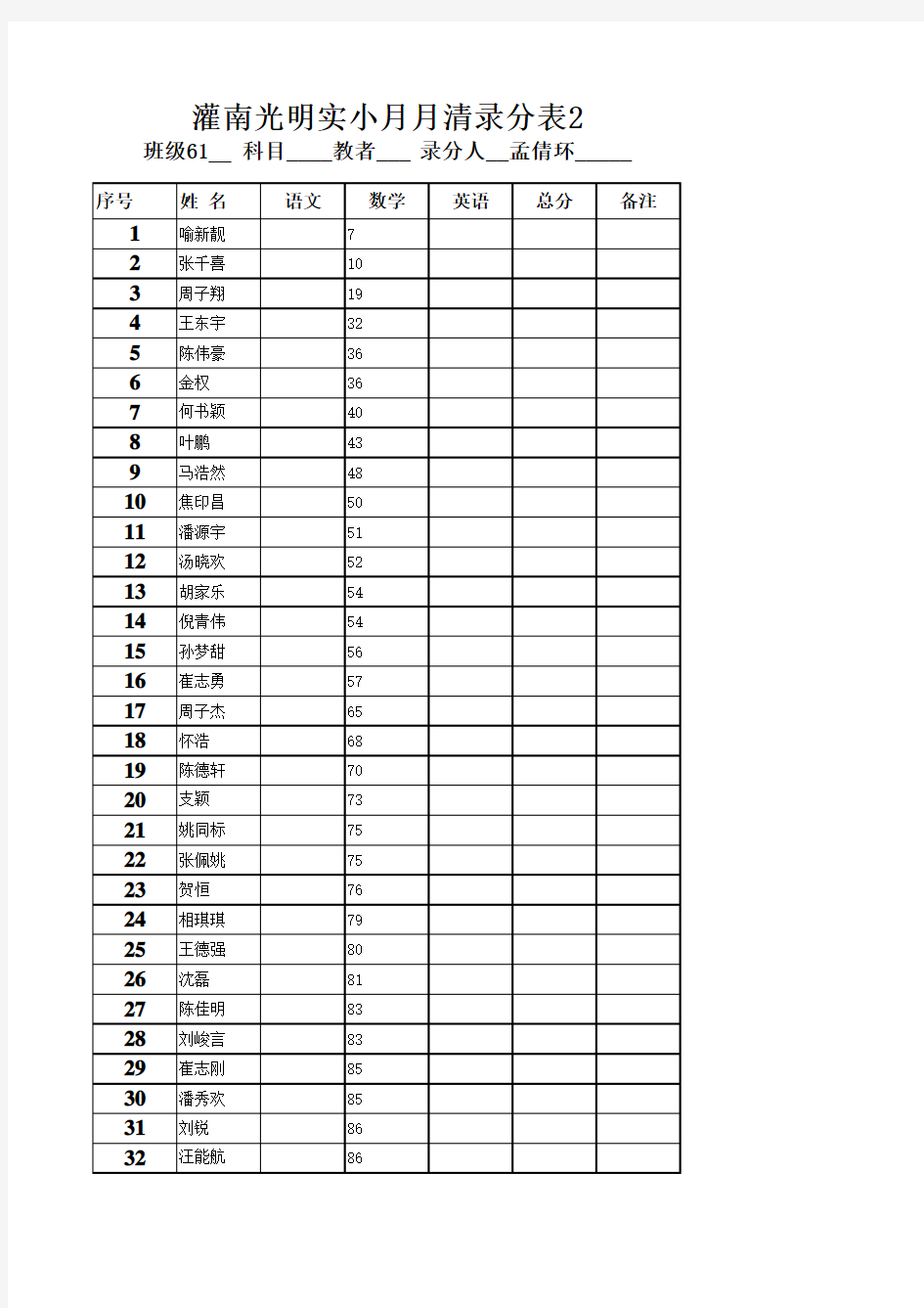 六年级数学学生录分名单11.13