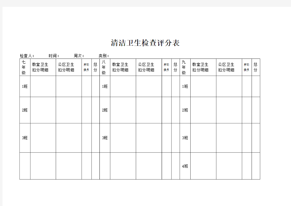 中学生 清洁卫生检查评分表