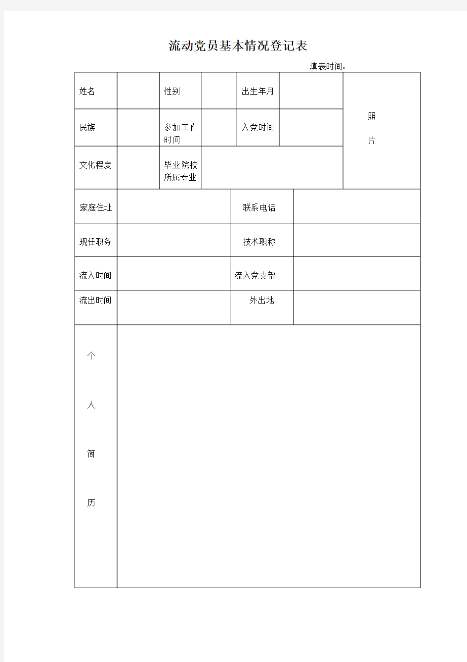 流动党员基本情况登记表